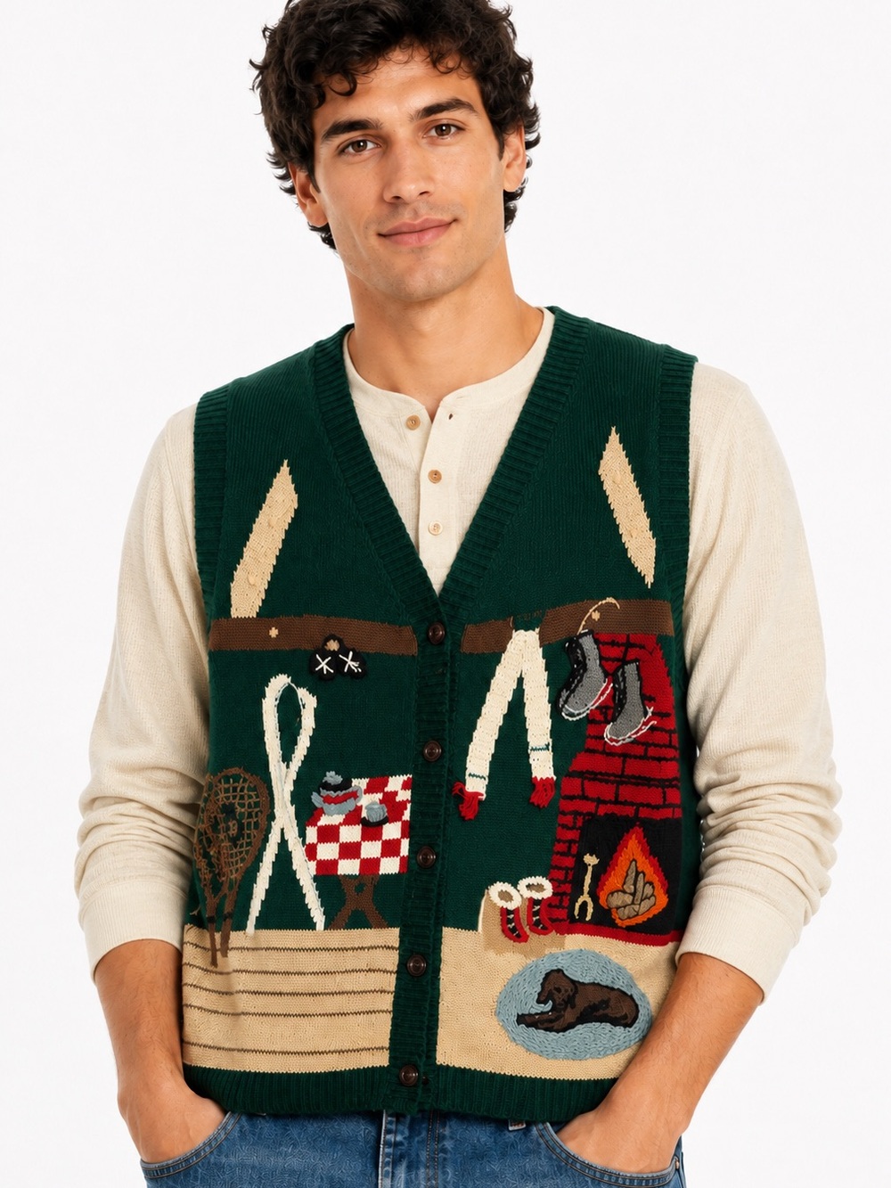 Capacity Green Camp Outdoors Novelty Knit Sweater Vest Men’s L Vintage